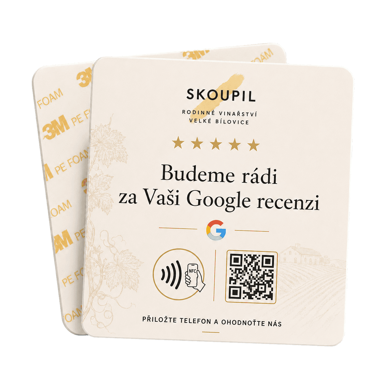 NFC destičky na Google recenze s grafikou vinařství Skoupil
